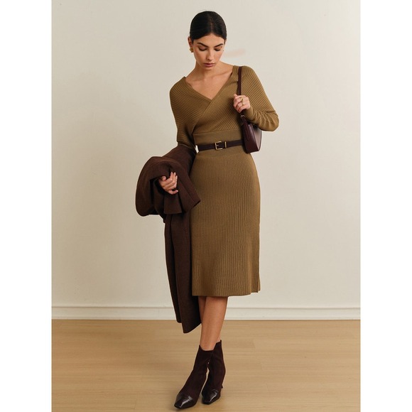 Commense Ribbed Knit Midi Dress Long Sleeve V Neck Olive Career Casual‎ size XS - Picture 4 of 14